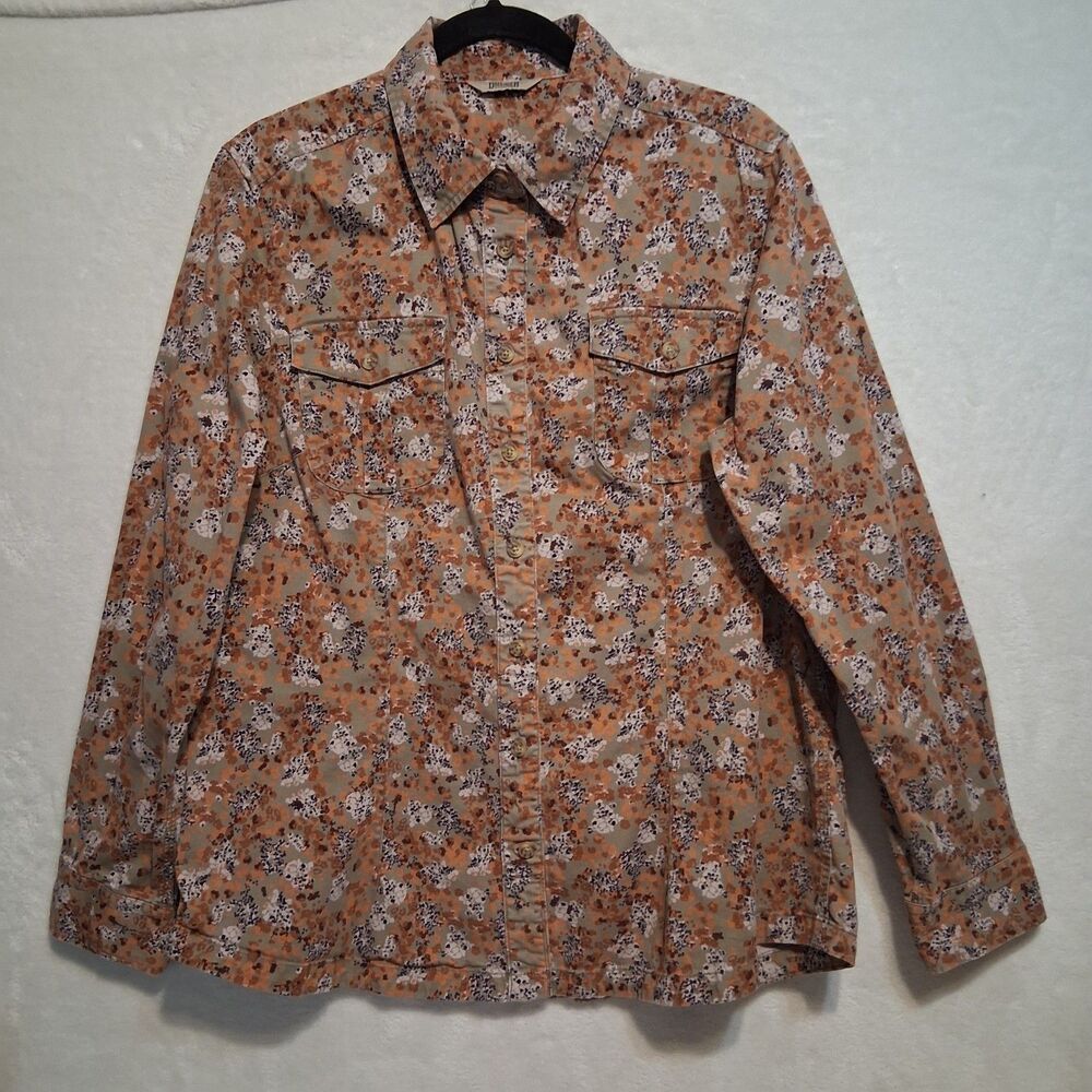 Duluth Trading XL Top Brown Floral Button Up Twill Cottagecore Classic Forrest